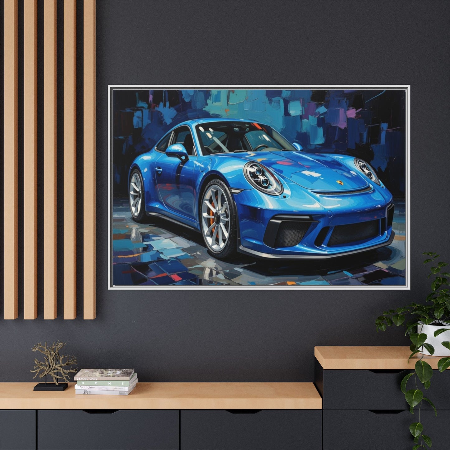 Blue Sports Car Matte Canvas Framed Print — Modern Automotive Wall Art