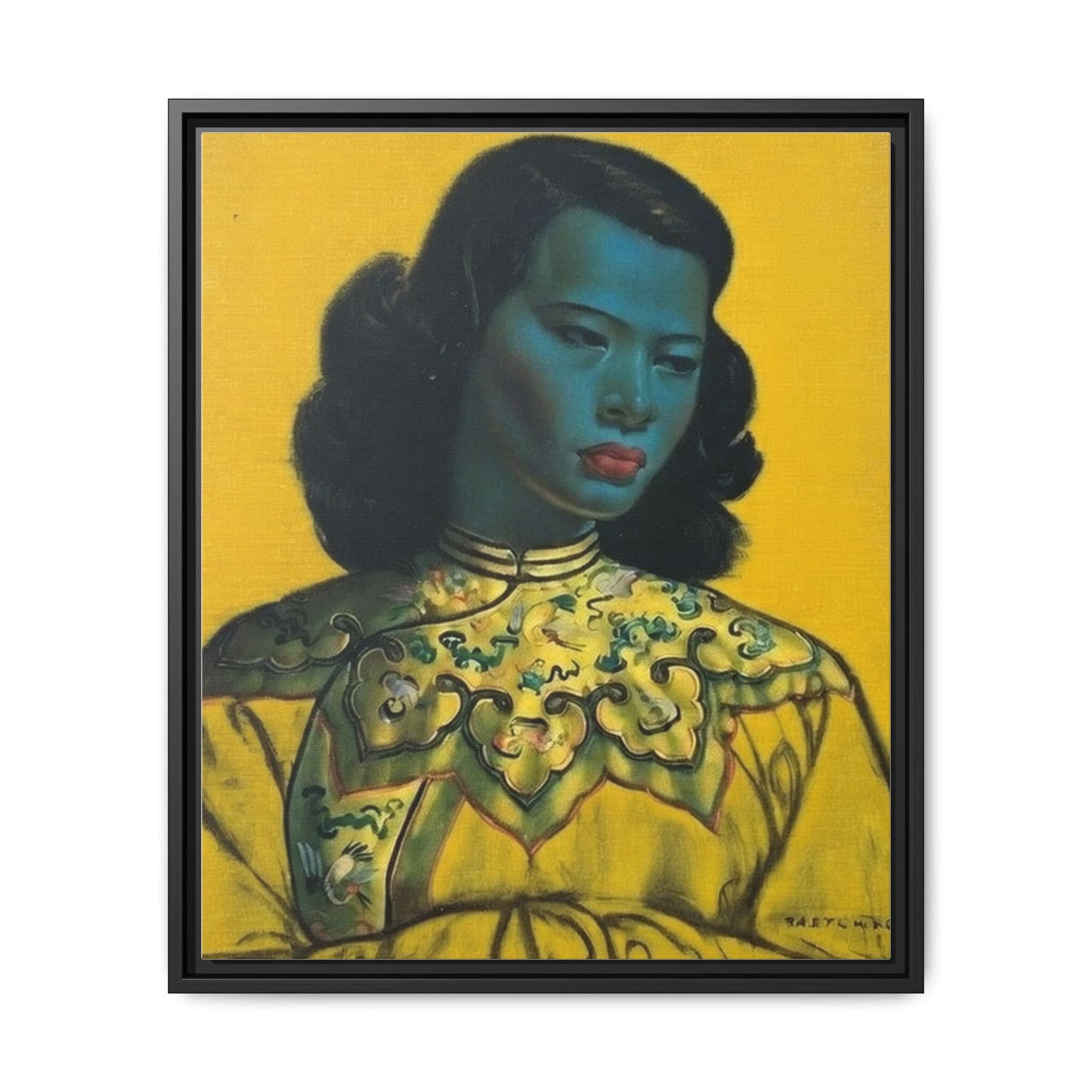 Framed Matte Canvas Art Print — Vintage Portrait with Yellow Background