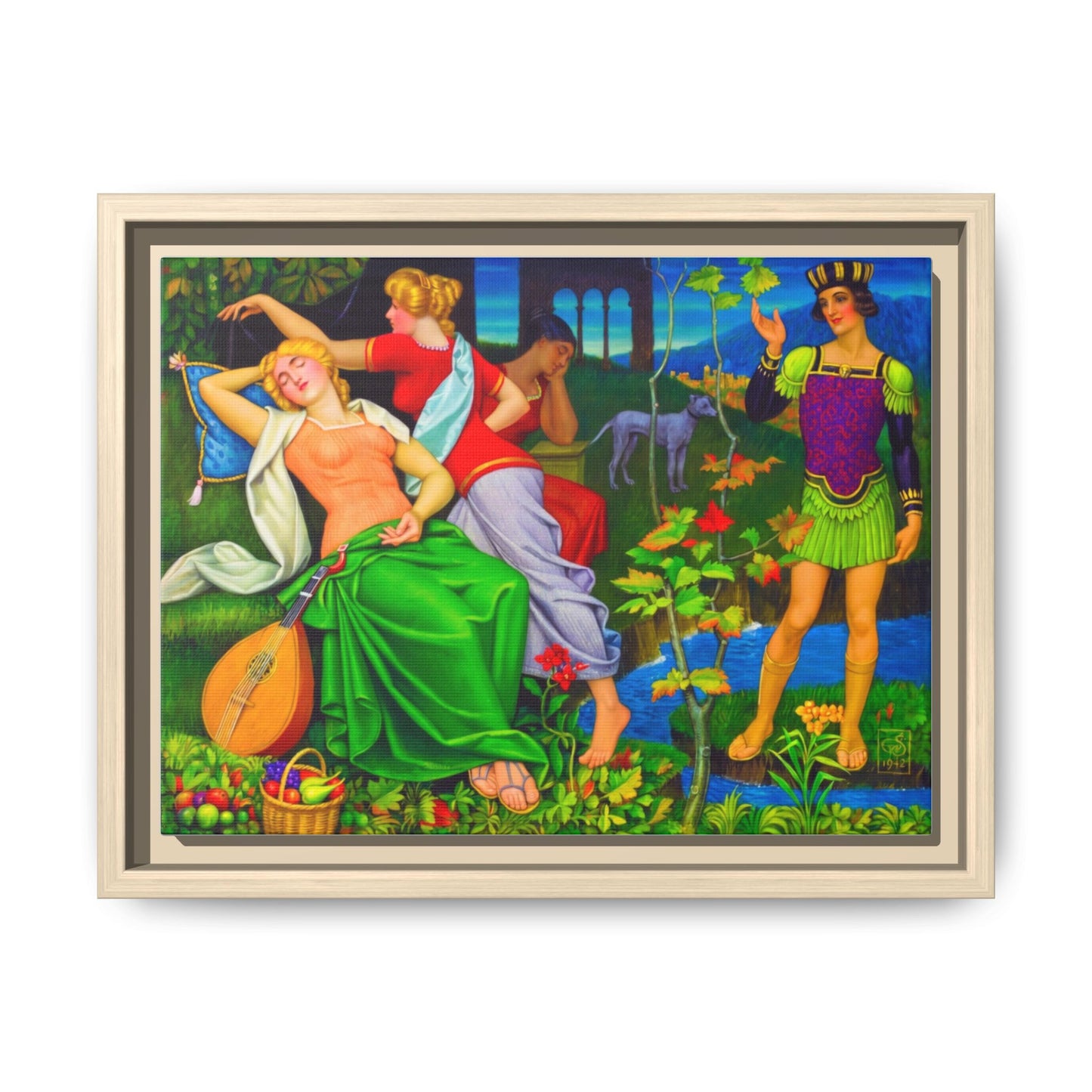 Framed Matte Canvas Art — Colorful Mythic Garden Scene