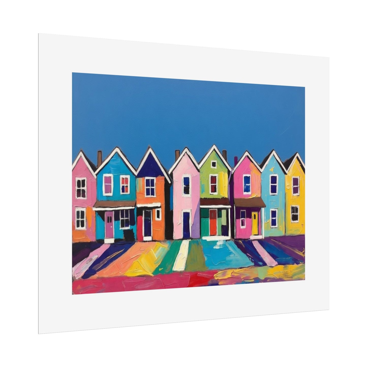 Colorful Row Houses Art Poster — Vibrant Coastal Street Wall Print