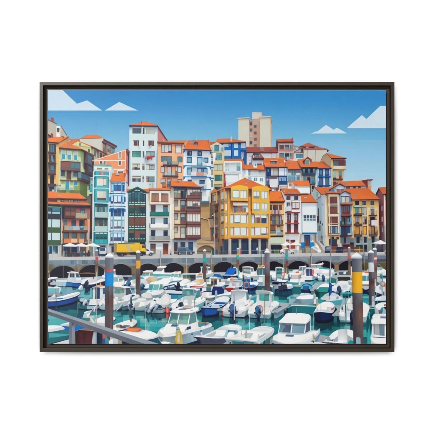 Framed Matte Canvas Print — Colorful Mediterranean Harbor Illustration