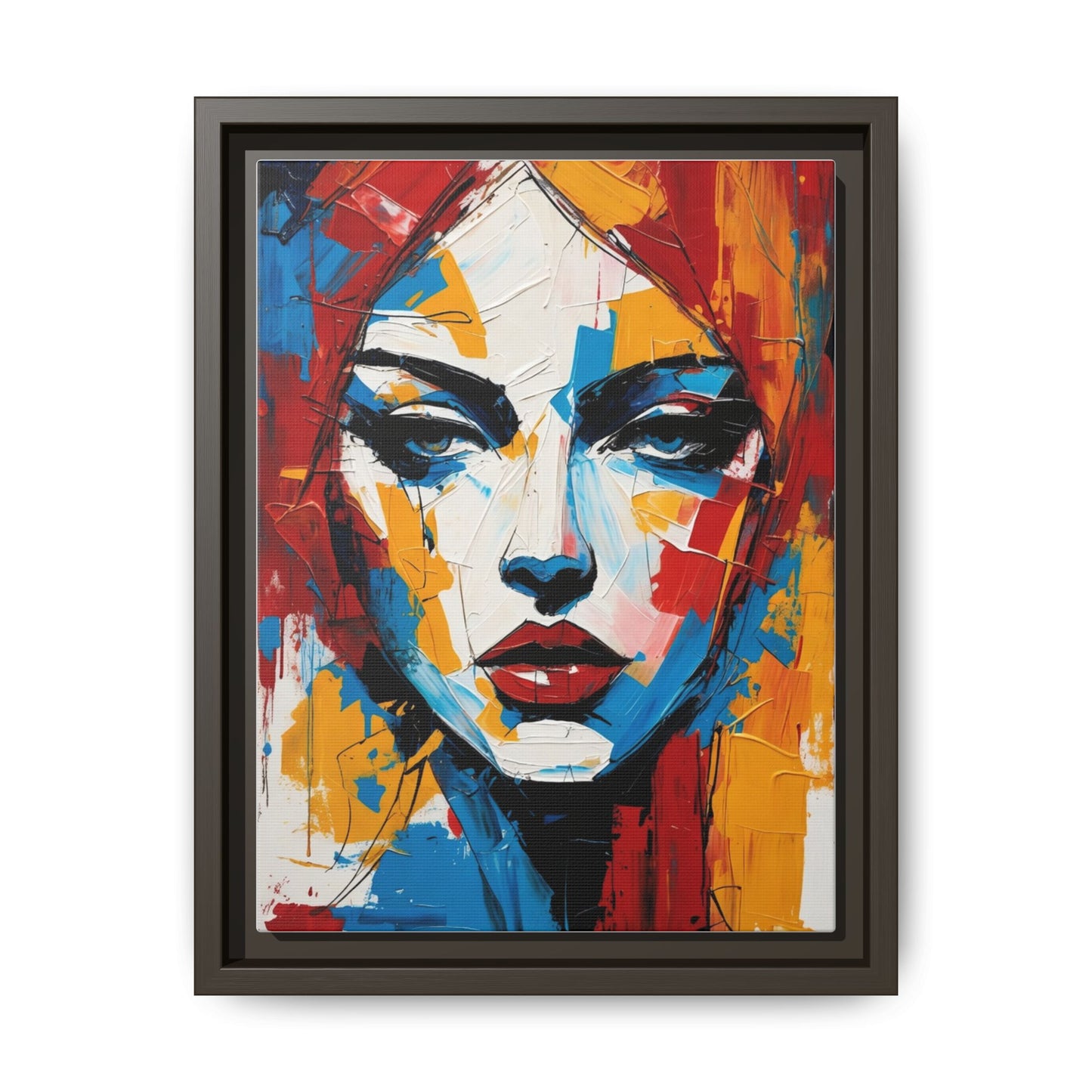 Framed Abstract Portrait Canvas — Colorful Female Face Wall Art