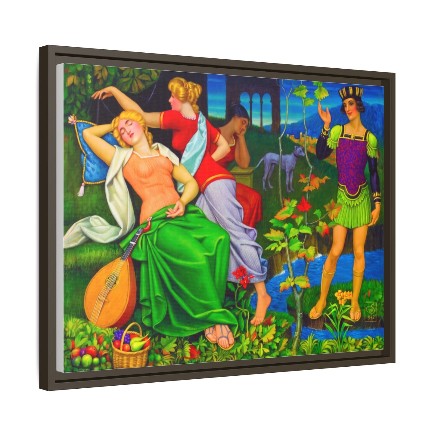 Framed Matte Canvas Art — Colorful Mythic Garden Scene
