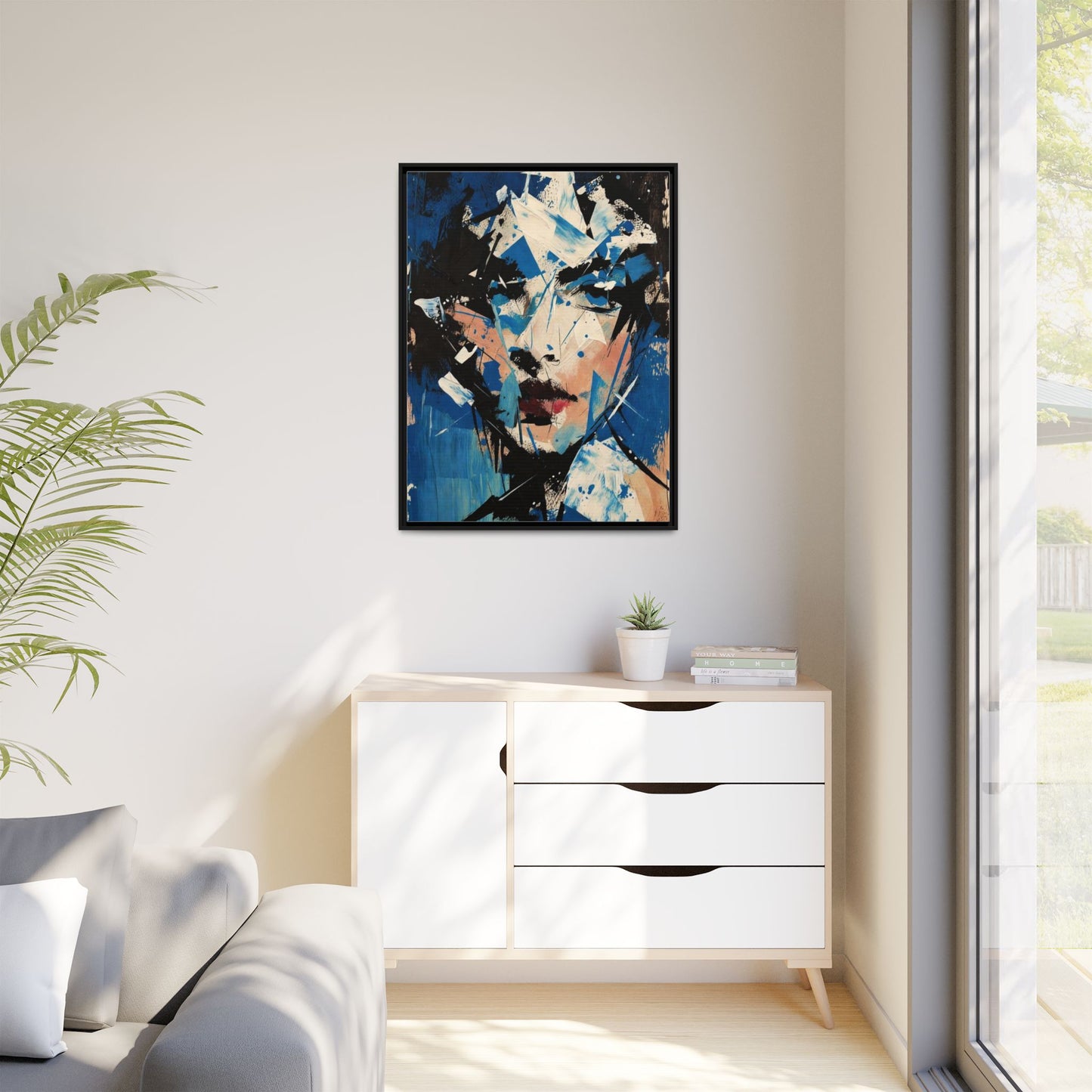 Abstract Portrait Matte Canvas Framed Wall Art — Blue Mixed-Media Face Print