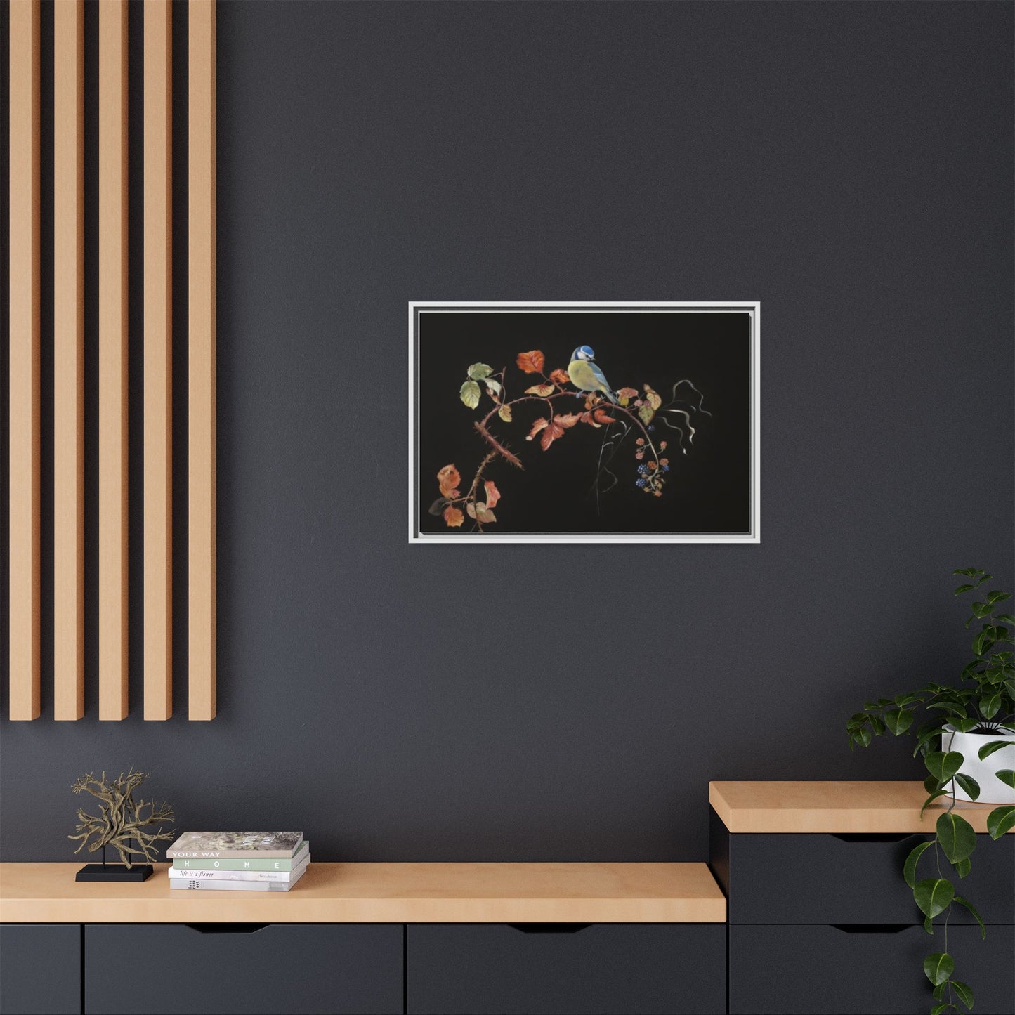 Framed Matte Canvas - Blue Tit on Autumn Branch Wall Art