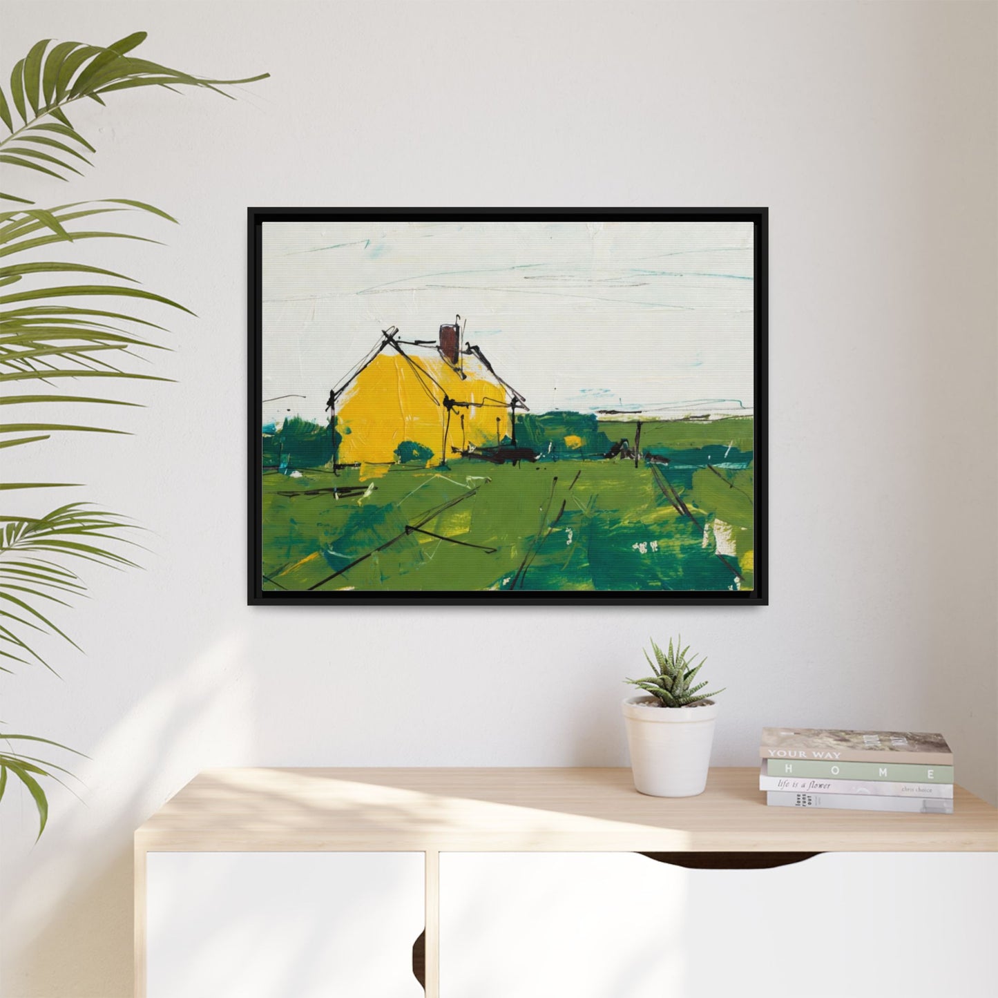 Yellow Cottage Landscape Framed Canvas Print