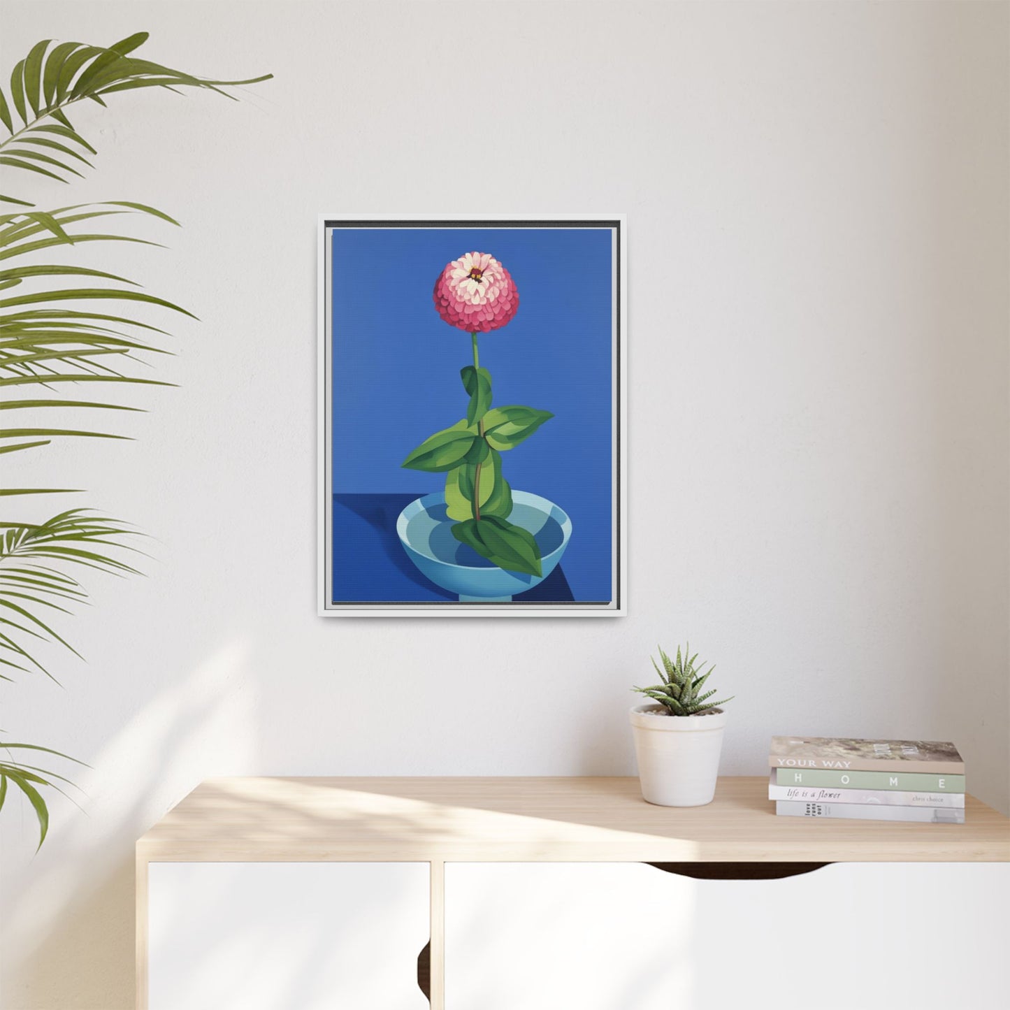Framed Matte Canvas Art — Pink Zinnia in Blue Bowl (Botanical Still Life)