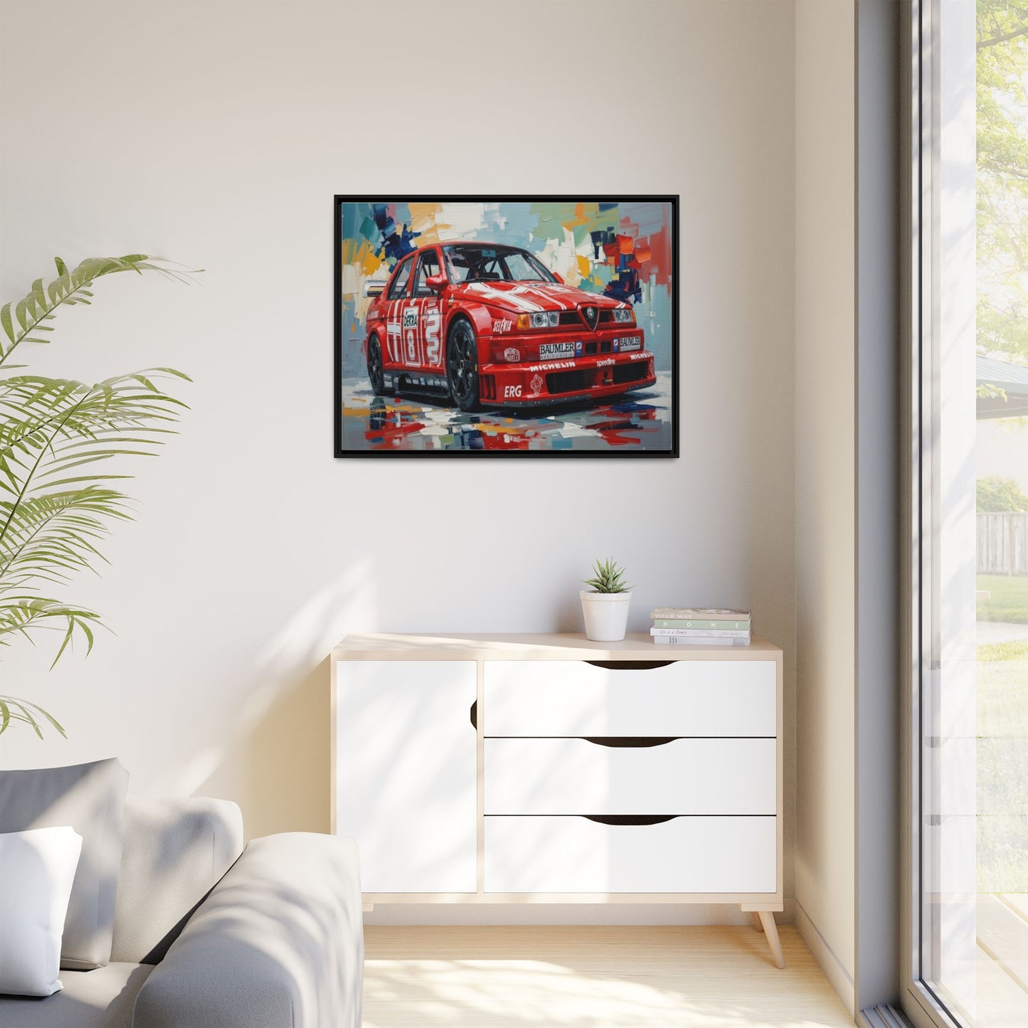 Framed Racing Car Canvas Print — Red Alfa Romeo Track Art