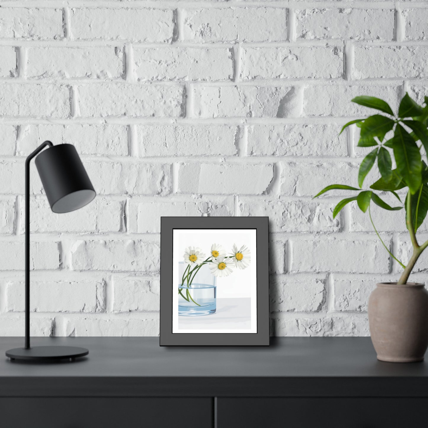 Framed Poster — Daisies in Glass Vase Wall Art, Minimal Botanical Print for Living Room