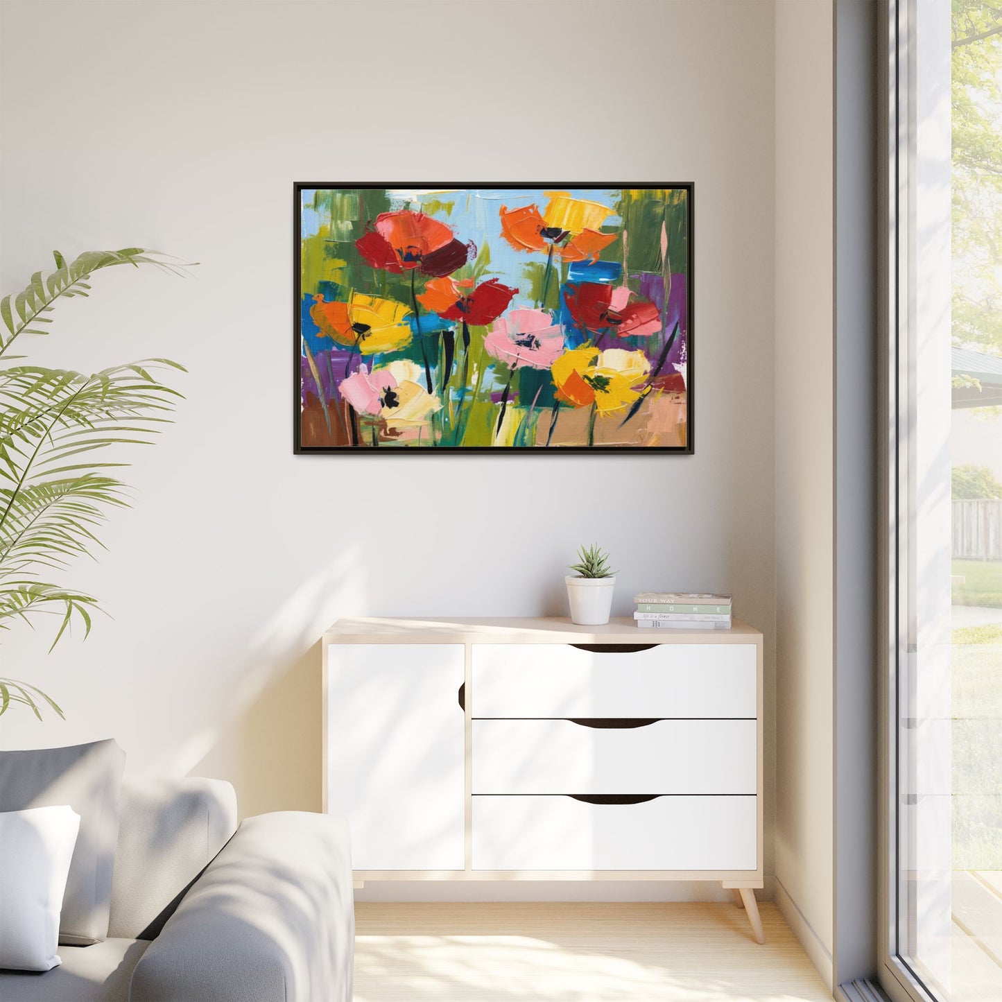 Framed Floral Canvas Print — Colorful Abstract Poppy Artwork