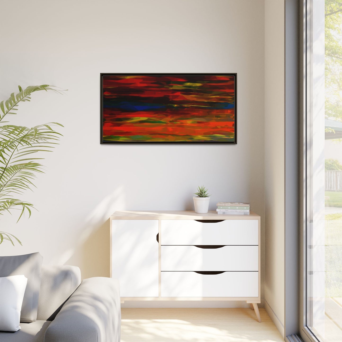 Abstract Multi-Color Matte Canvas Framed Wall Art — Bold Red & Blue Modern Painting