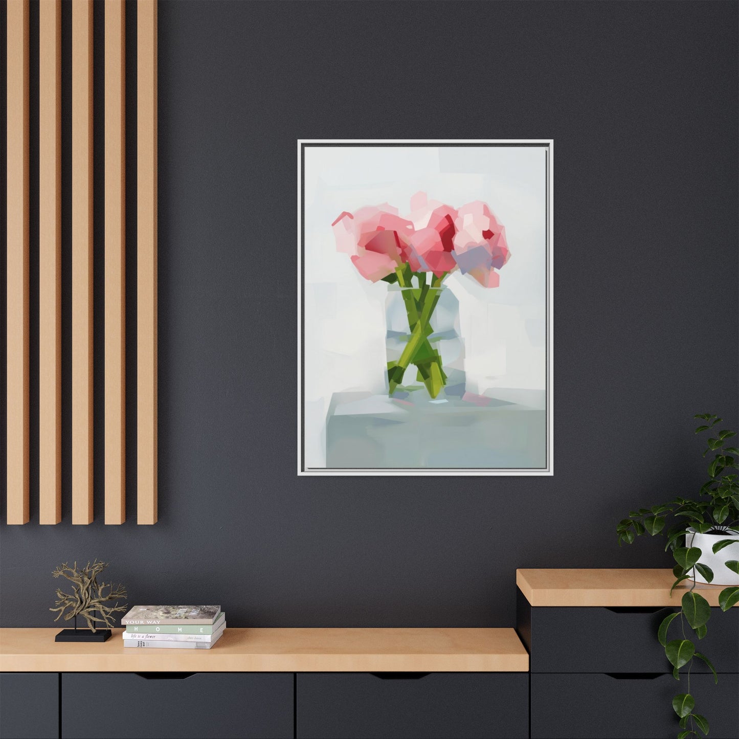 Framed Floral Canvas Art — Pink Peonies in Vase (Matte)