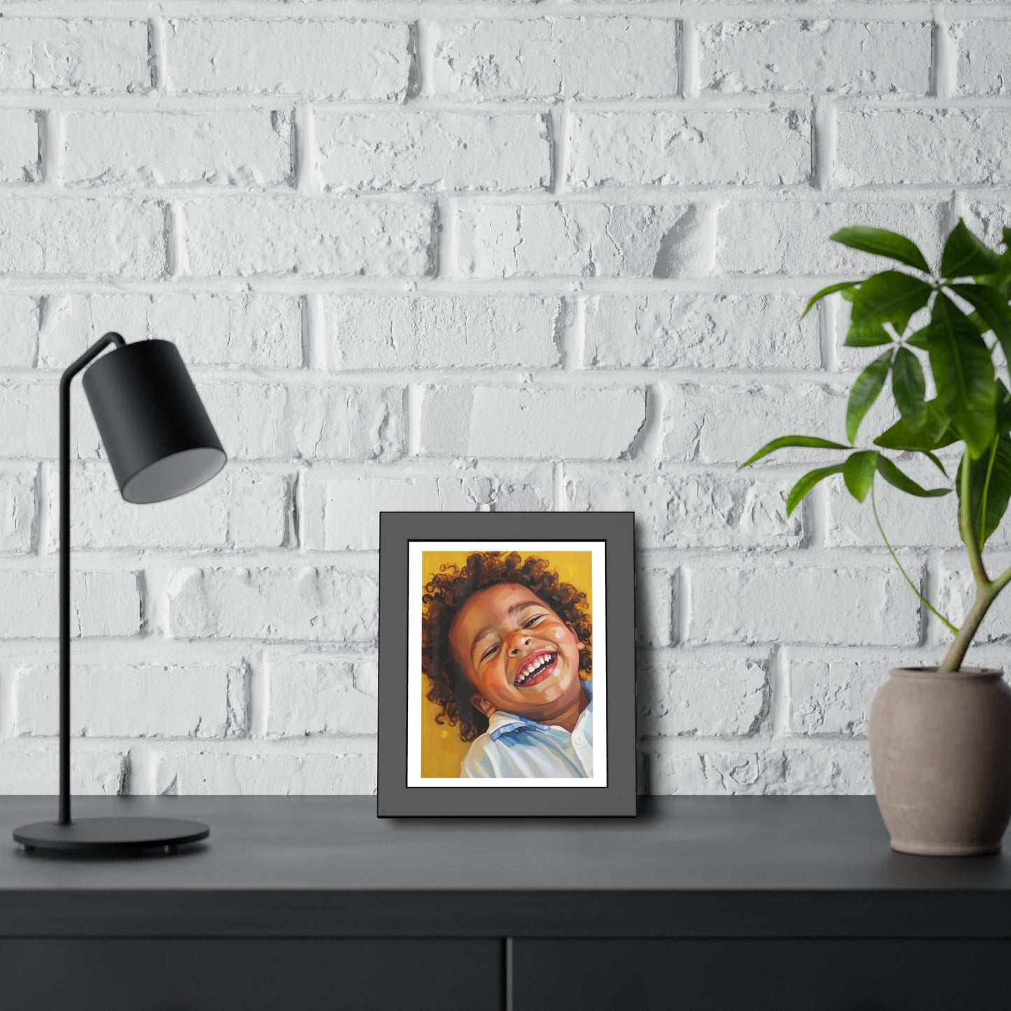Framed Poster — Joyful Laughing Child Portrait, Colorful Nursery Wall Art