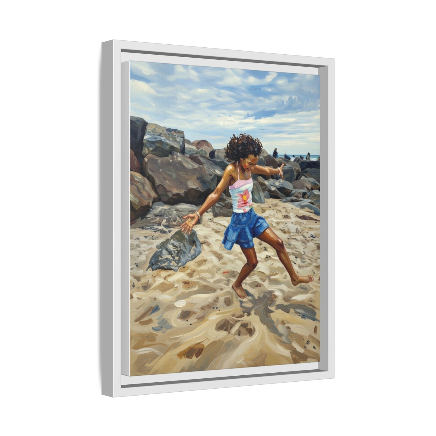 Framed Canvas Art - Girl Dancing on the Beach (Matte Multi-Color)
