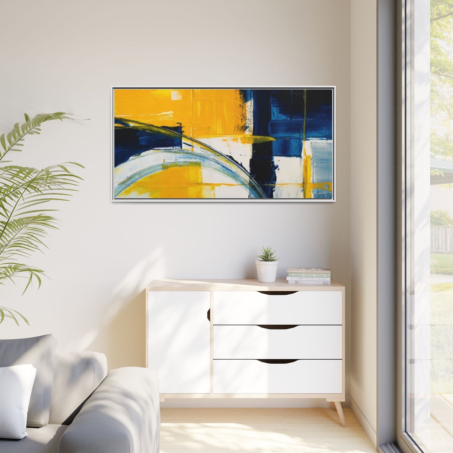Abstract Yellow & Blue Framed Canvas Wall Art — Modern Matte Canvas Print
