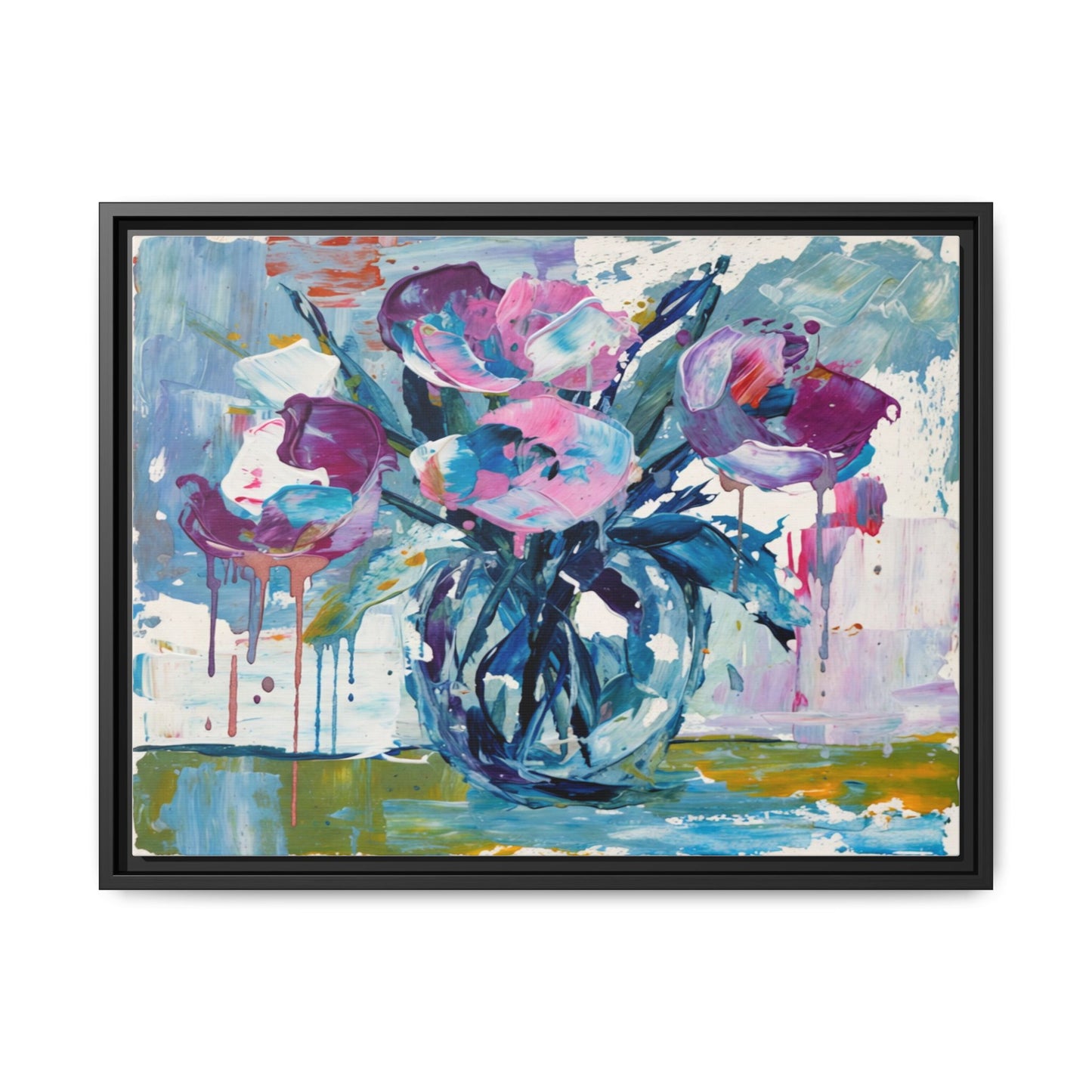 Framed Floral Canvas Art — Abstract Pink & Blue Bouquet