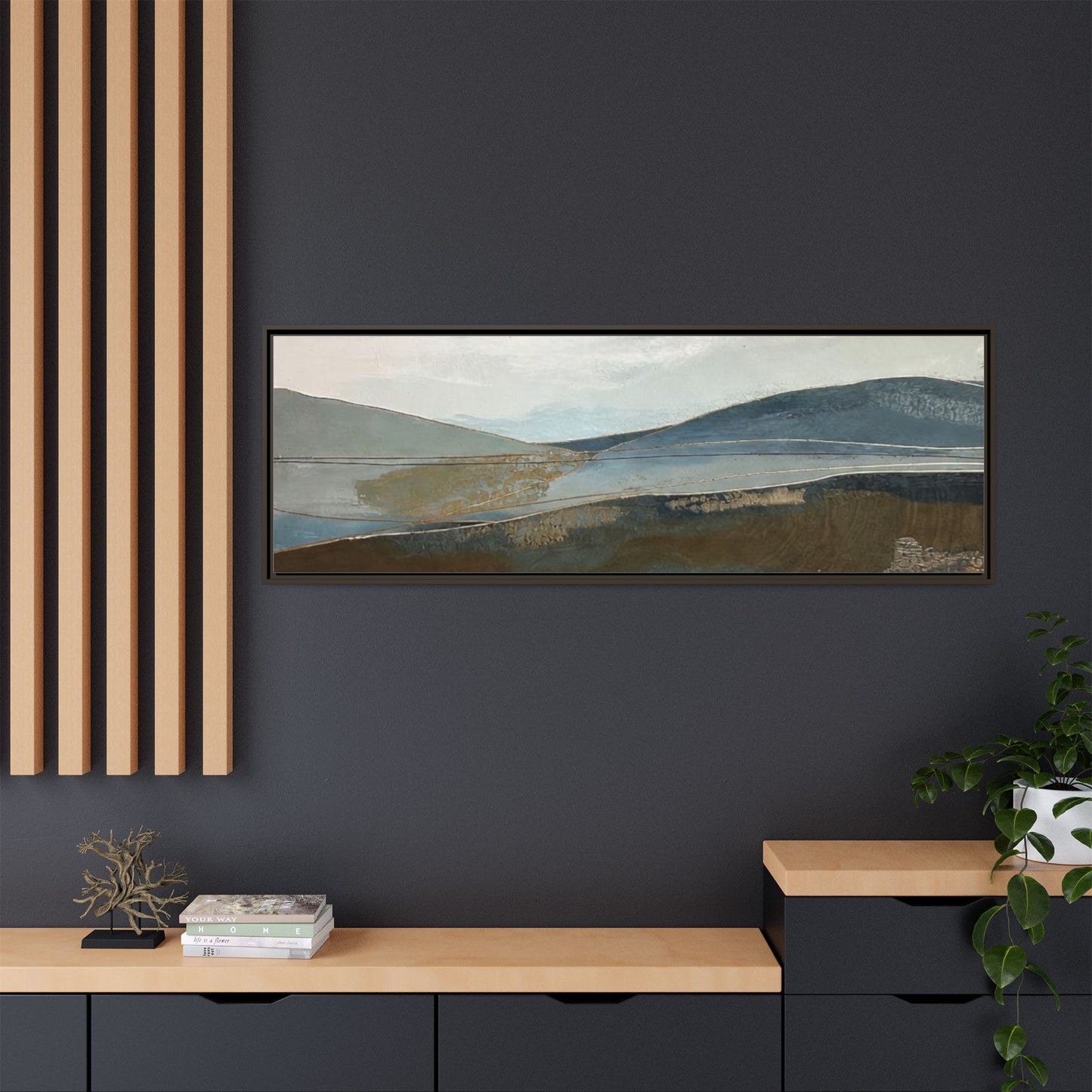 Framed Matte Canvas Landscape Art - Serene Abstract Hills in Blue & Earth Tones