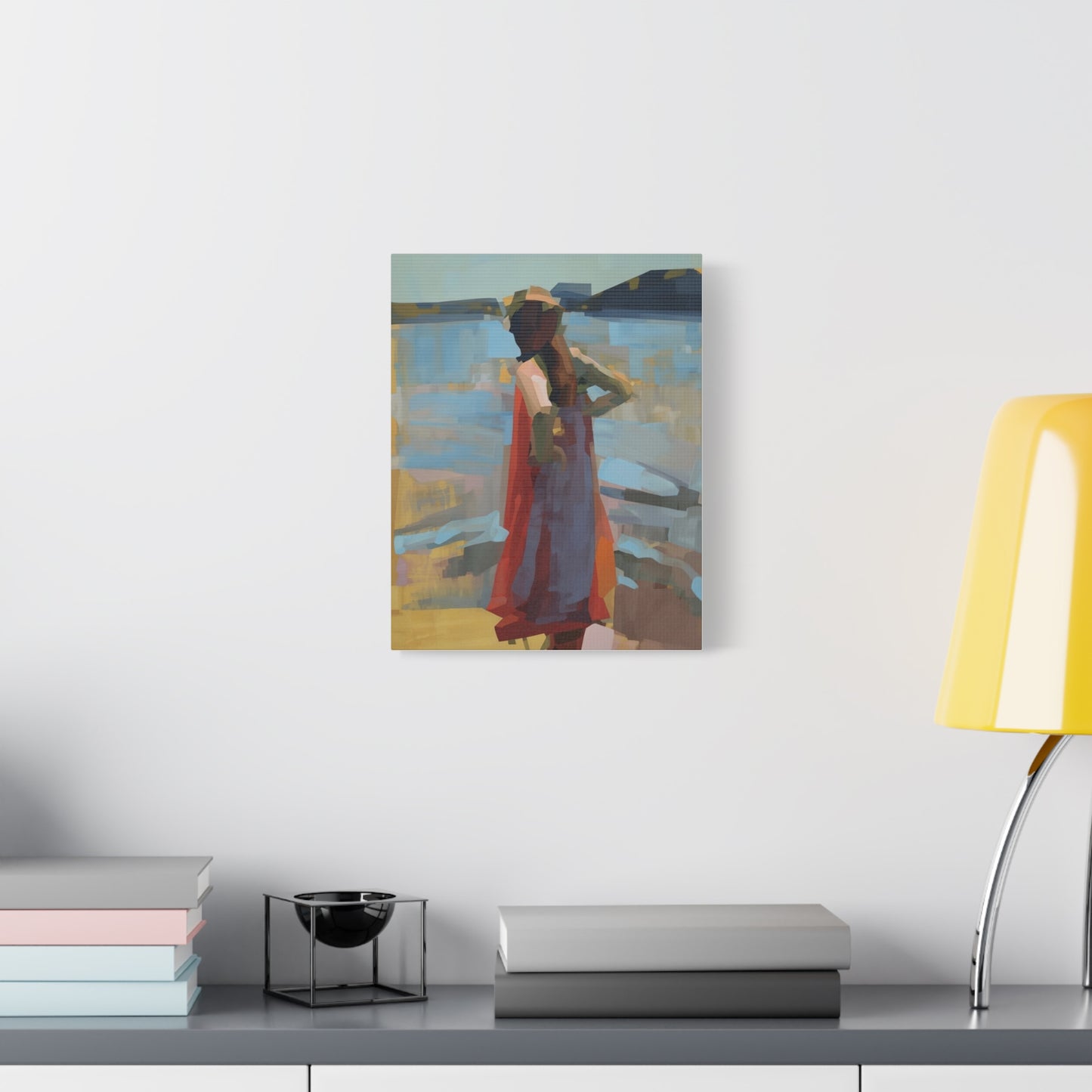 Coastal Stroll Matte Canvas Print — Abstract Woman in Red Dress, Stretched 1.25"
