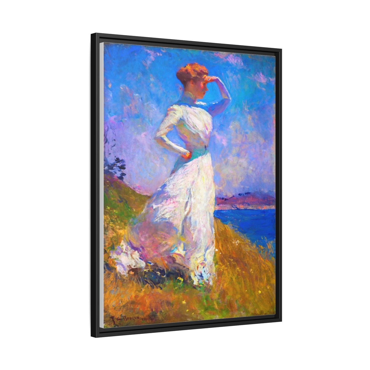 Framed Matte Canvas Art - Woman in White Seaside Impressionist Print