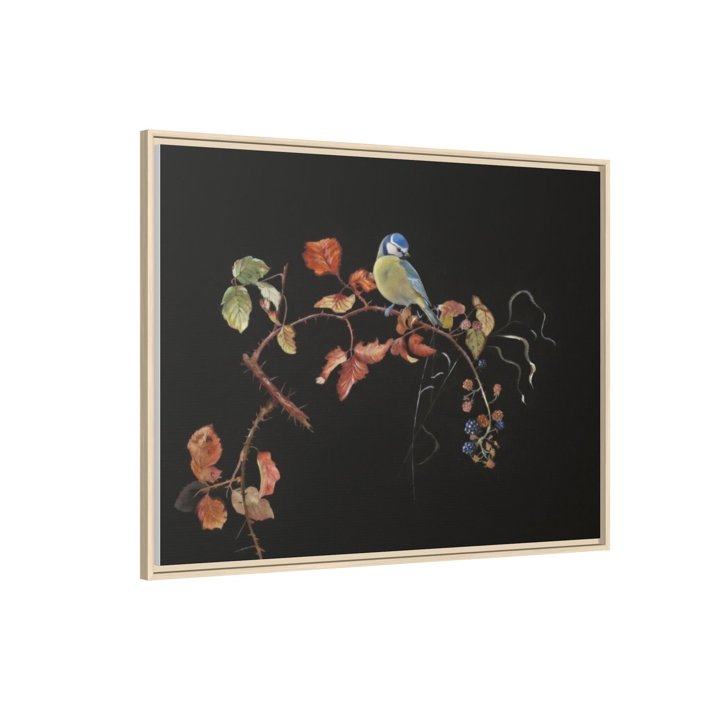 Framed Matte Canvas - Blue Tit on Autumn Branch Wall Art