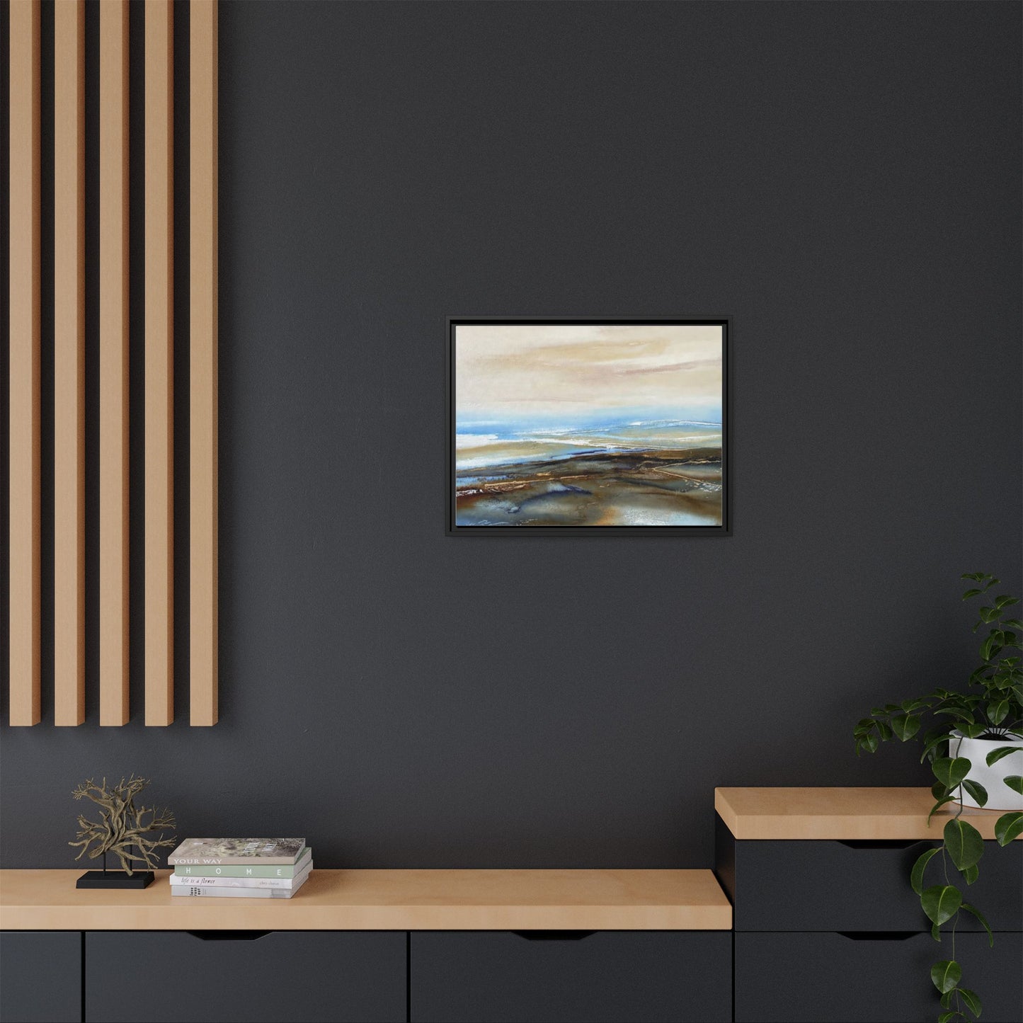 Framed Abstract Seascape Matte Canvas — Coastal Blue & Earth Tone Wall Art