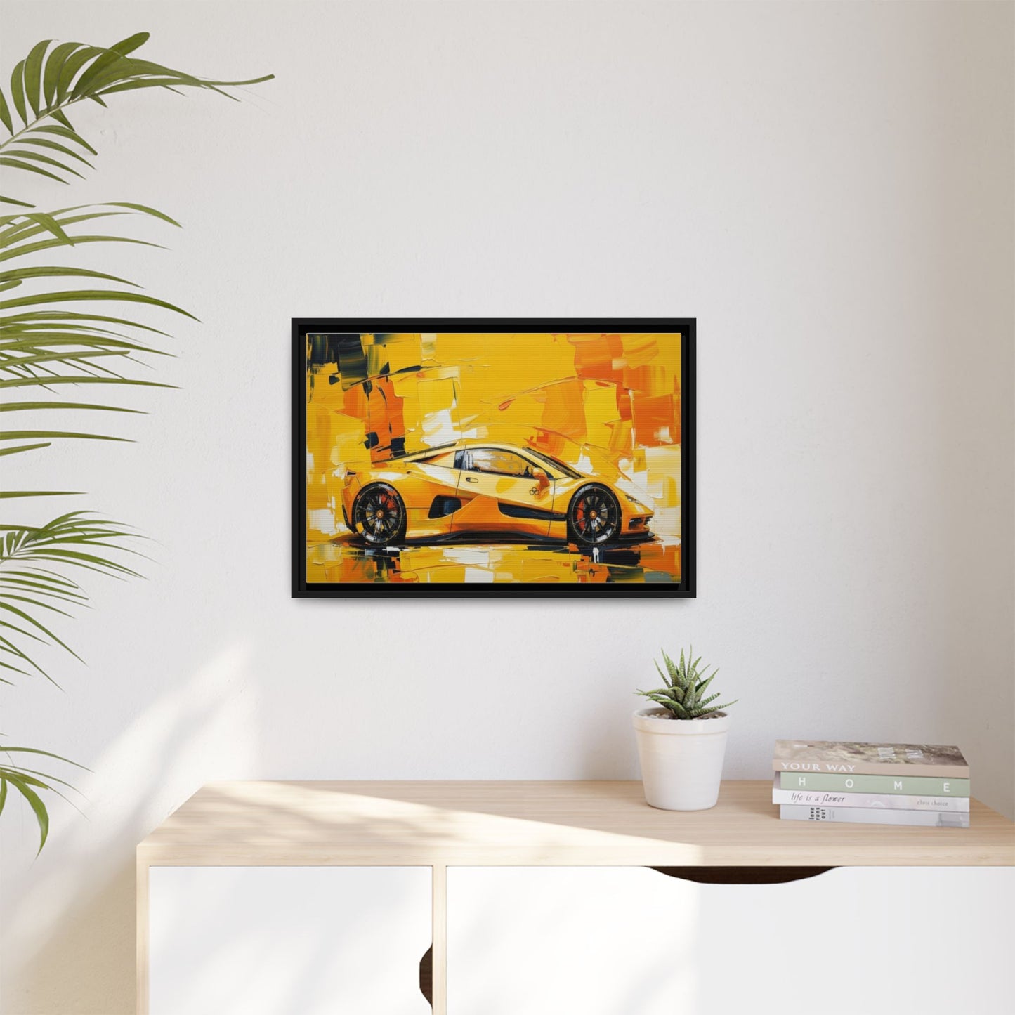 Yellow Sports Car Abstract Matte Canvas Framed Print