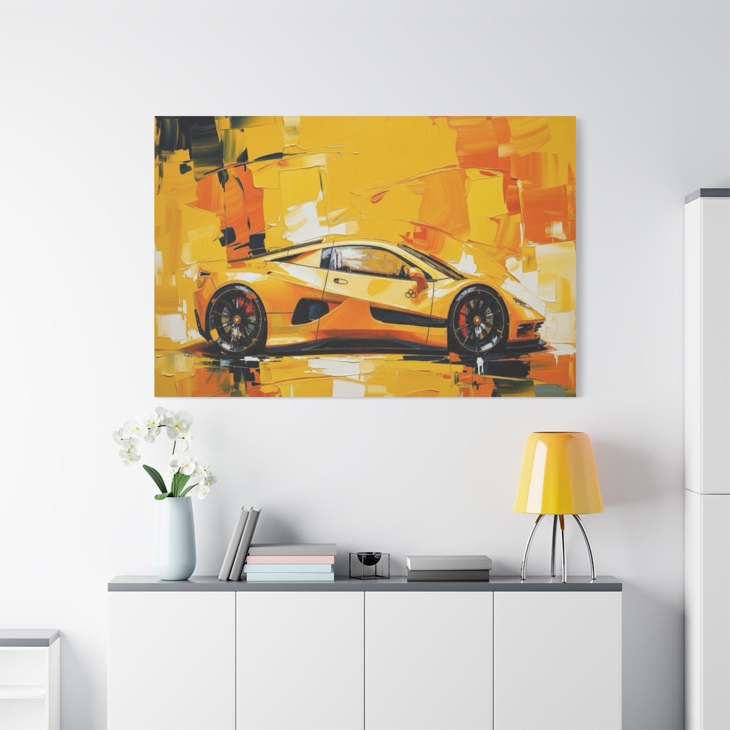 Yellow Sports Car Abstract Canvas Art - Matte Stretched Wall Print