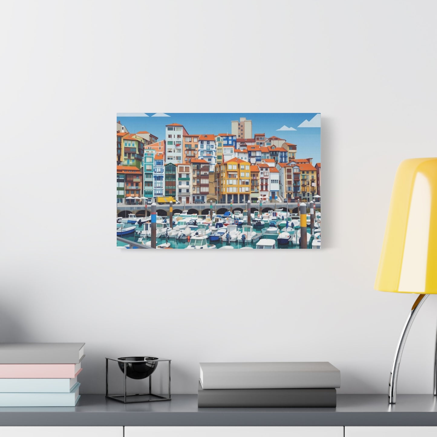 Colorful Coastal Harbor Matte Canvas Print — Stretched Wall Art
