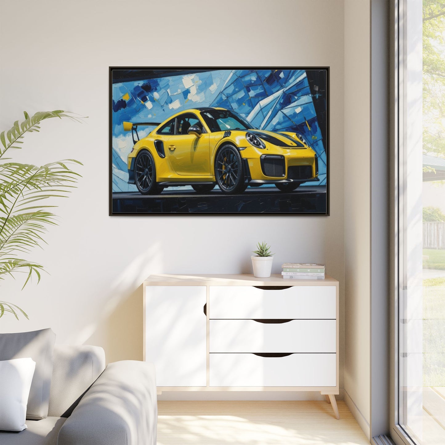 Yellow Porsche Sports Car Matte Framed Canvas – Modern Automotive Wall Art