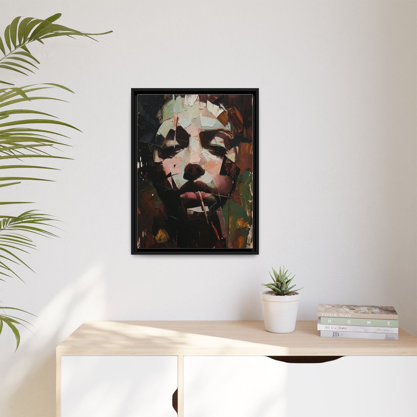 Matte Framed Canvas Art — Abstract Female Portrait, Moody Multicolor