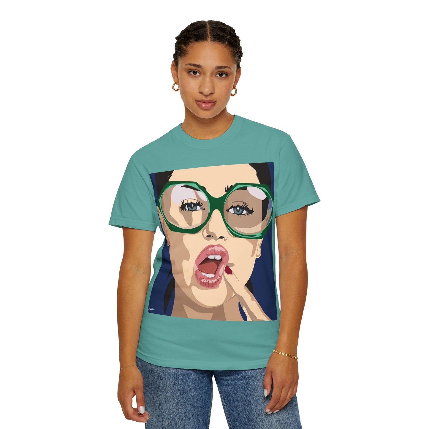 Pop Art Woman Graphic T‑Shirt — Retro Chic Green Glasses Design