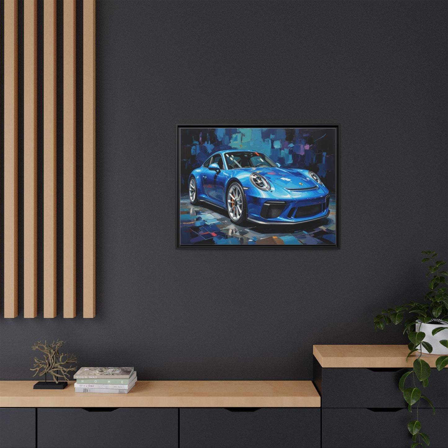 Blue Sports Car Matte Canvas Framed Print — Modern Automotive Wall Art