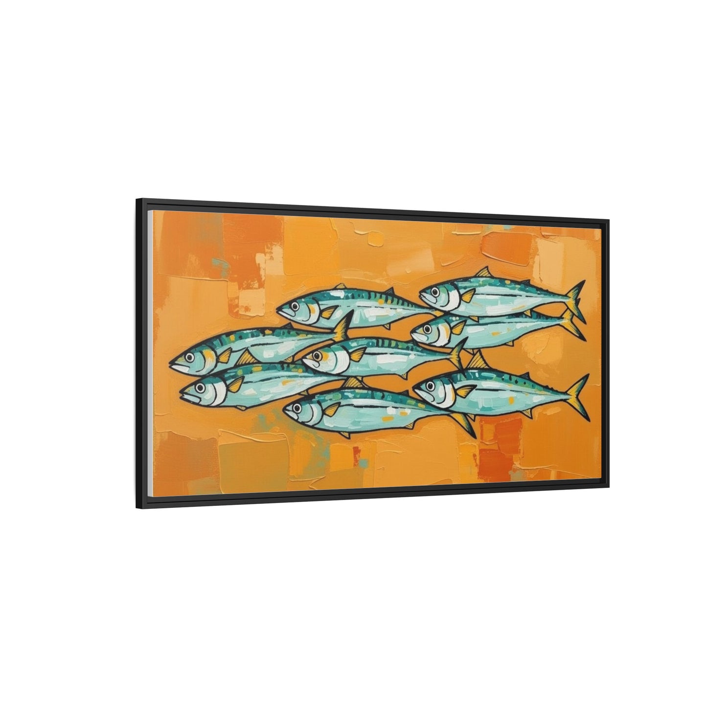 Framed Matte Canvas Print — School of Blue Fish on Orange Abstract Background