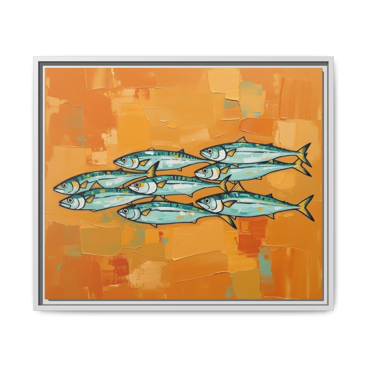 Framed Matte Canvas Print — School of Blue Fish on Orange Abstract Background