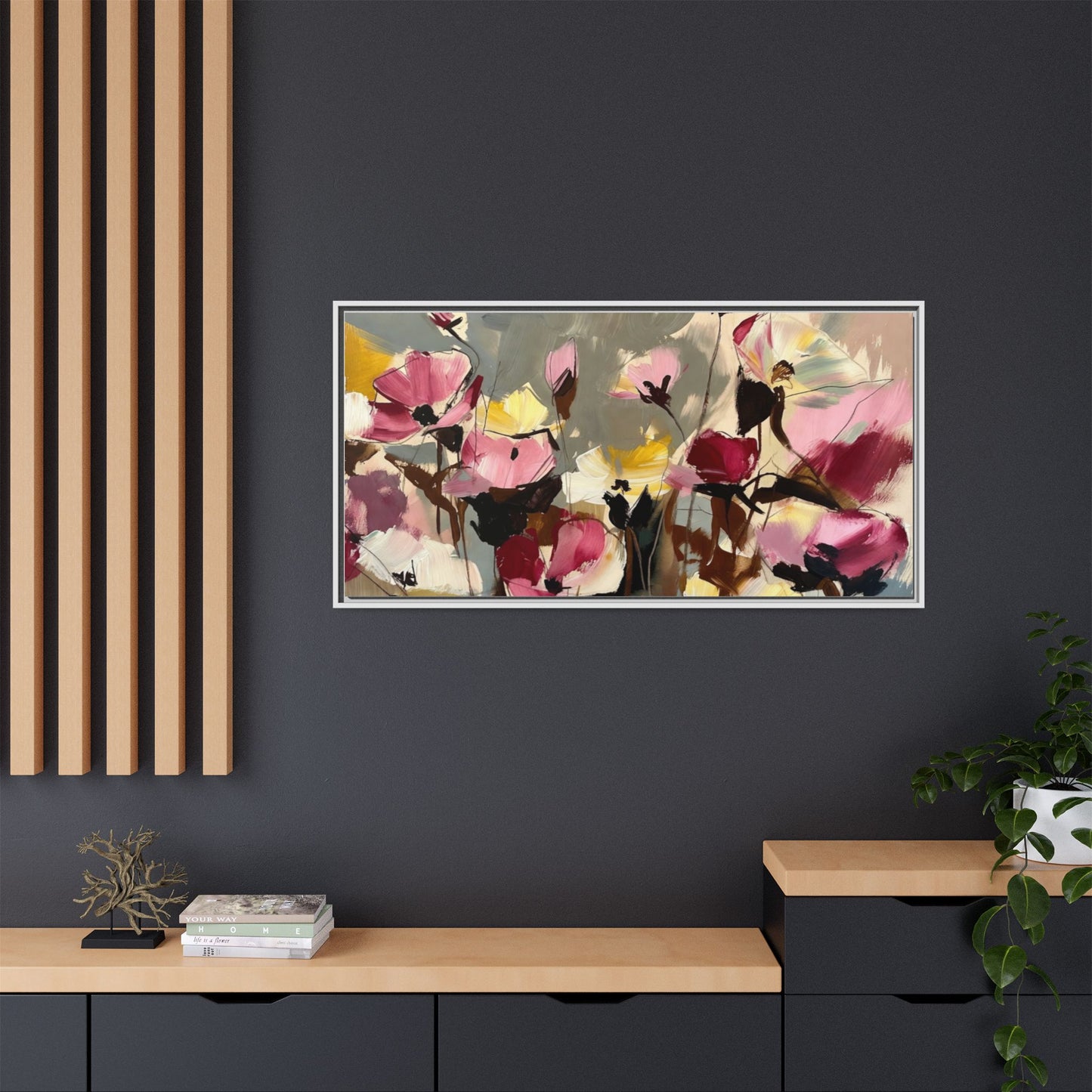 Framed Floral Canvas Wall Art — Abstract Pink & Yellow Flowers