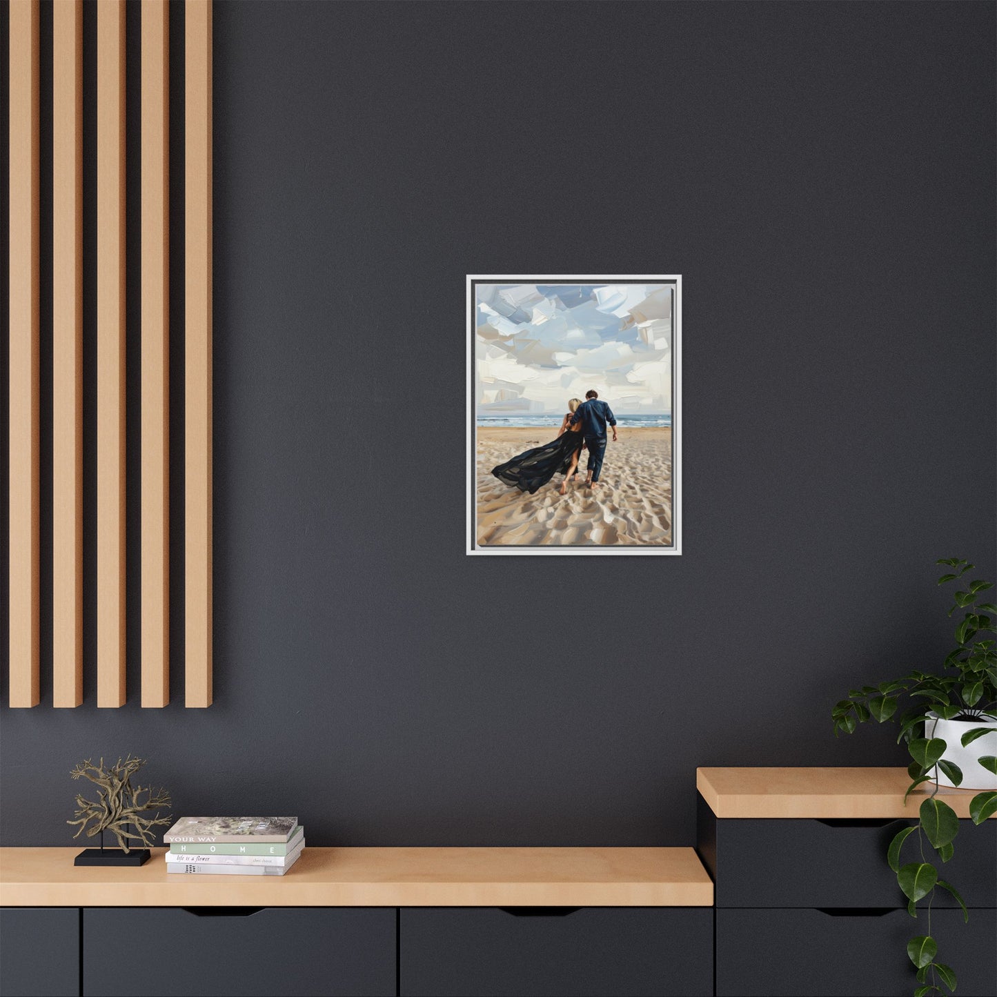 Framed Canvas Wall Art — Romantic Couple Walking on Beach Print