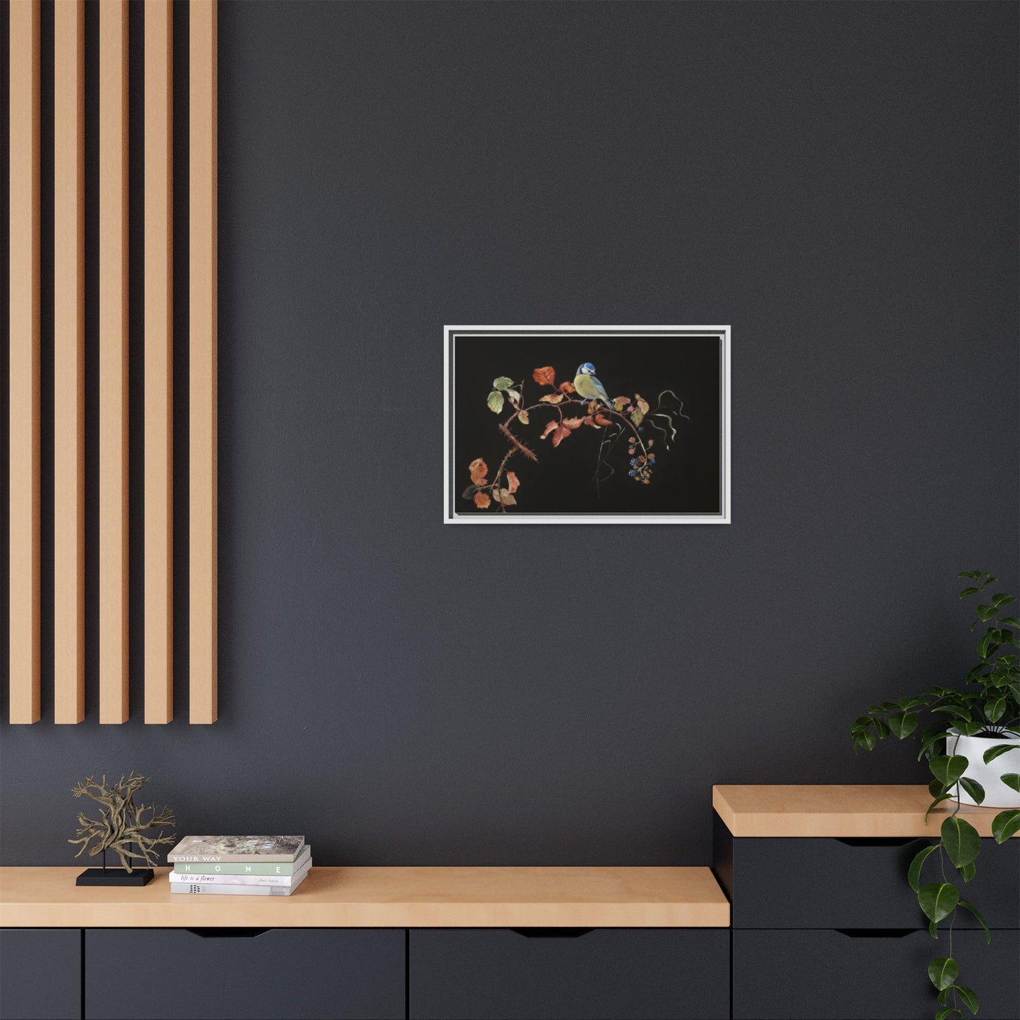 Framed Matte Canvas - Blue Tit on Autumn Branch Wall Art