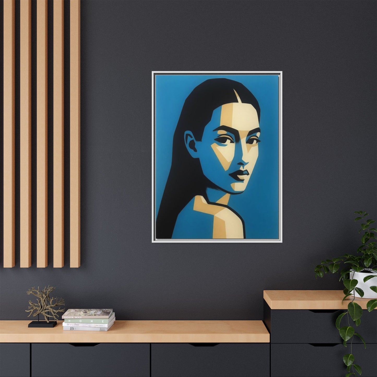 Framed Pop Art Portrait Canvas — Blue Geometric Woman Print