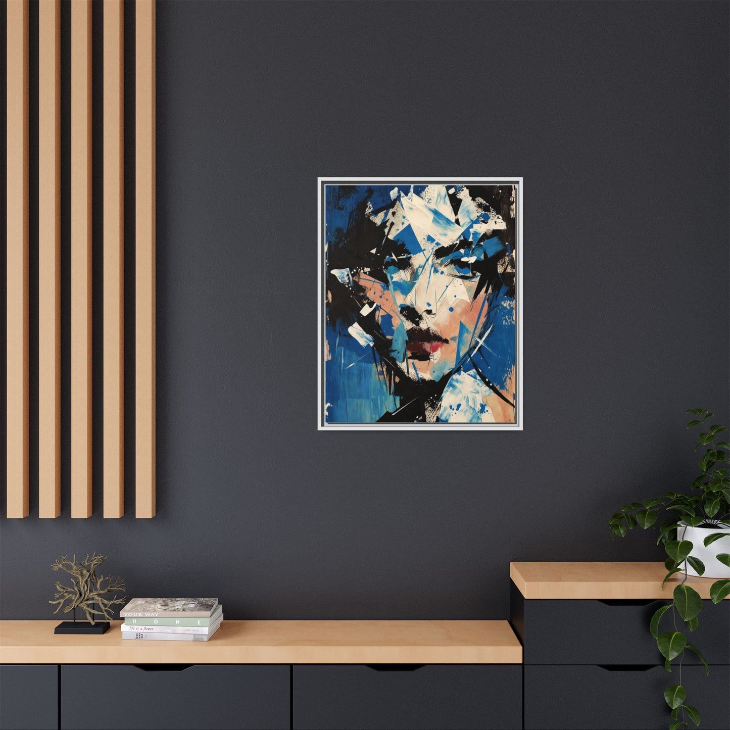 Abstract Portrait Matte Canvas Framed Wall Art — Blue Mixed-Media Face Print