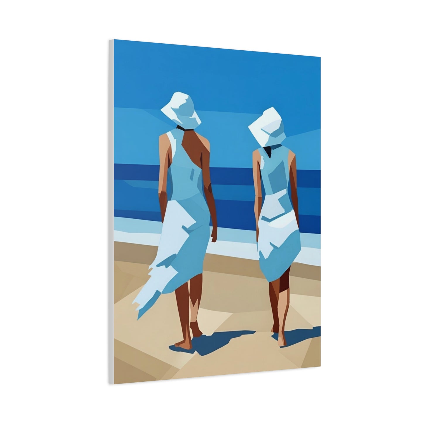 Beach Stroll Canvas Print — Two Women in Blue Sun Hats Matte Stretched