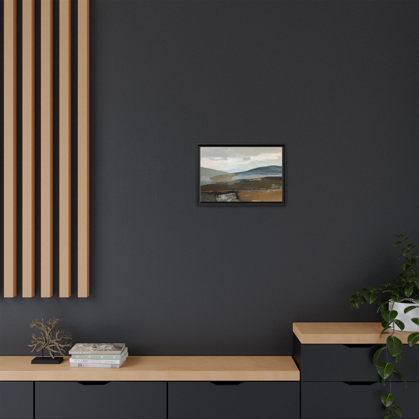 Framed Matte Canvas Landscape Art - Serene Abstract Hills in Blue & Earth Tones