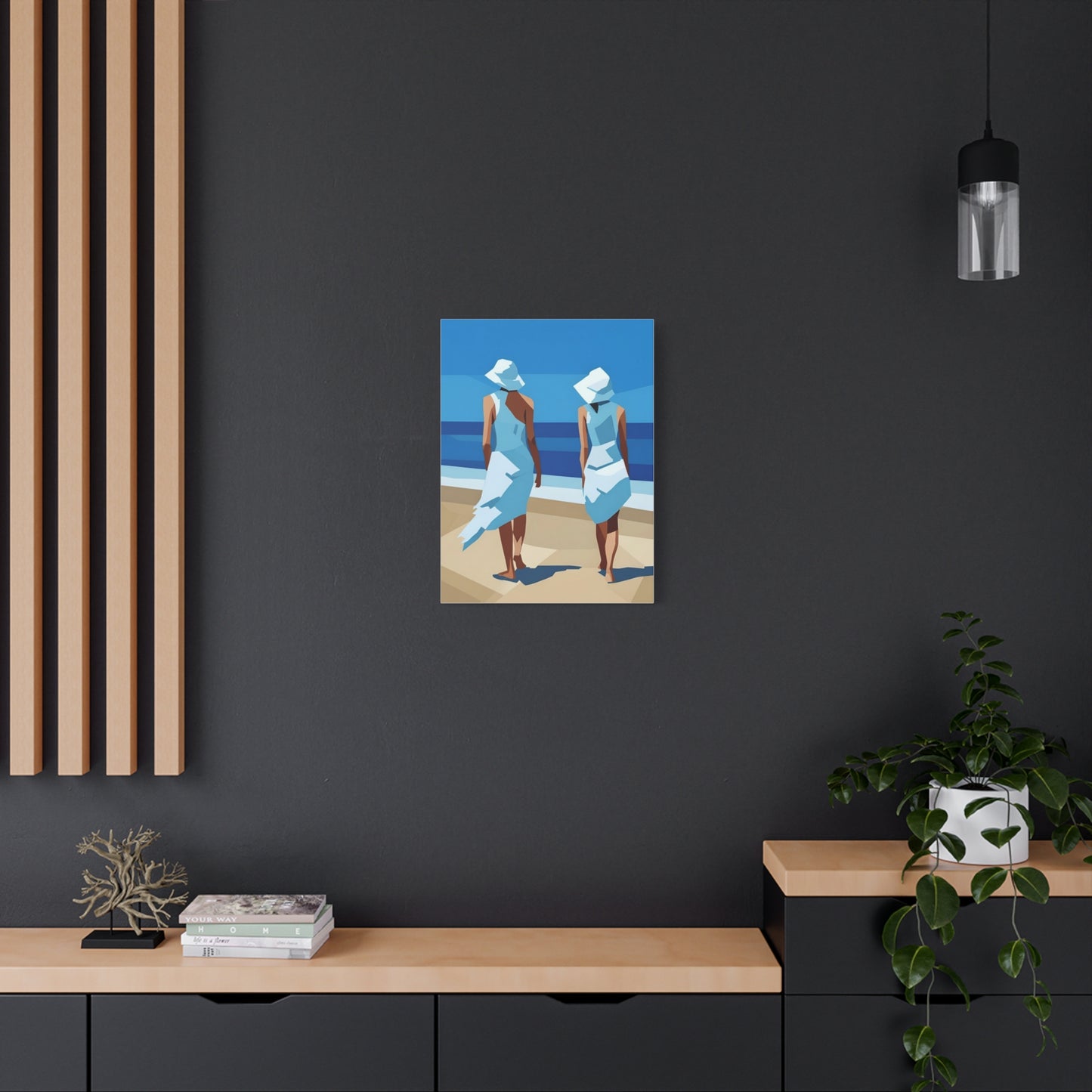 Beach Stroll Canvas Print — Two Women in Blue Sun Hats Matte Stretched
