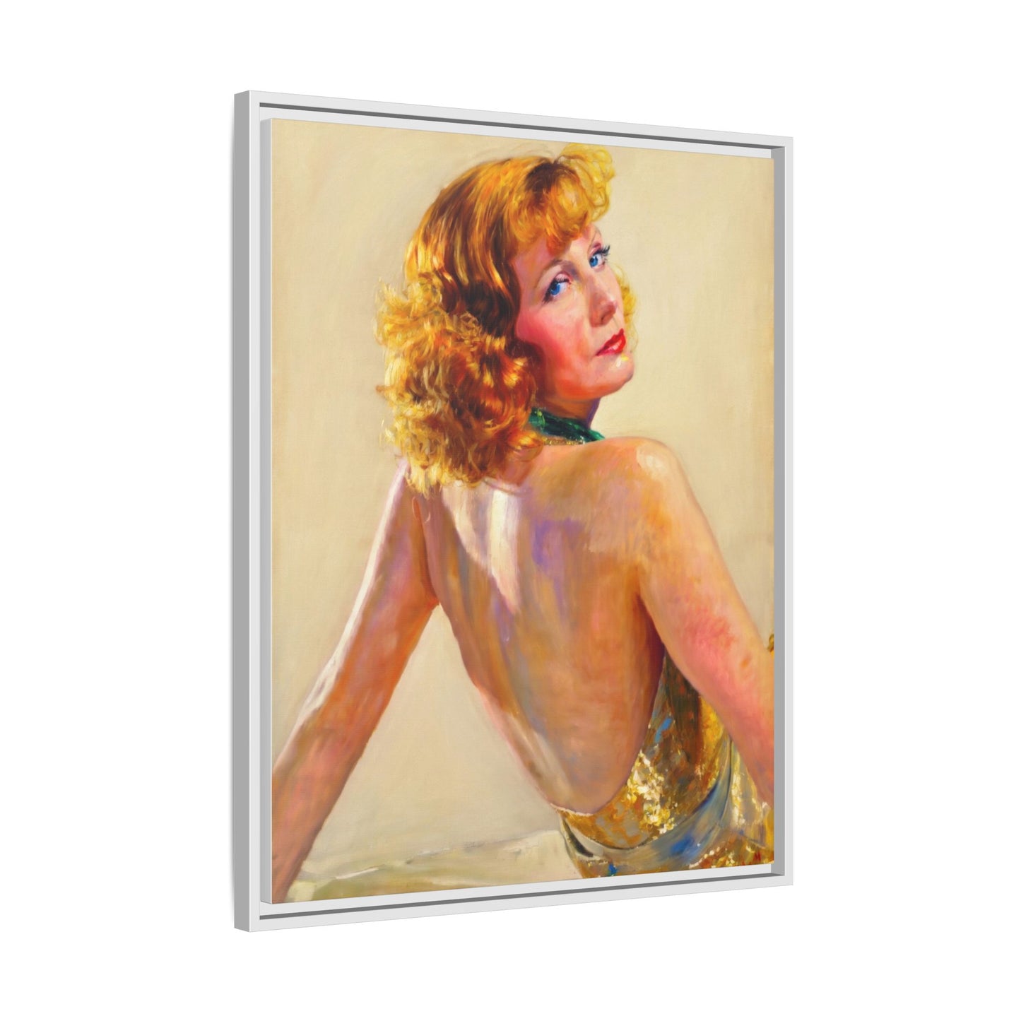 Framed Matte Canvas Print — Vintage Portrait of Redhead Greta Garbo in Gold Dress