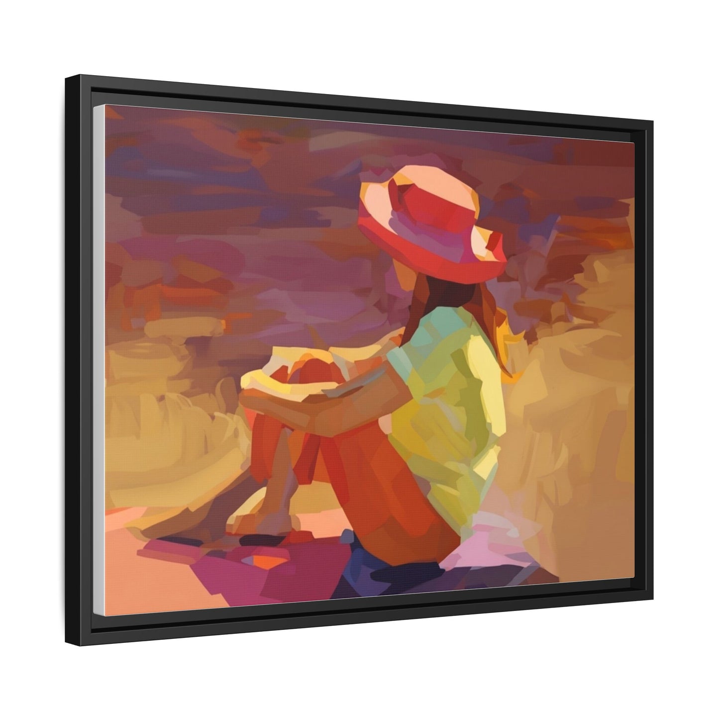 Framed Matte Canvas — Colorful Seated Girl Beach Art