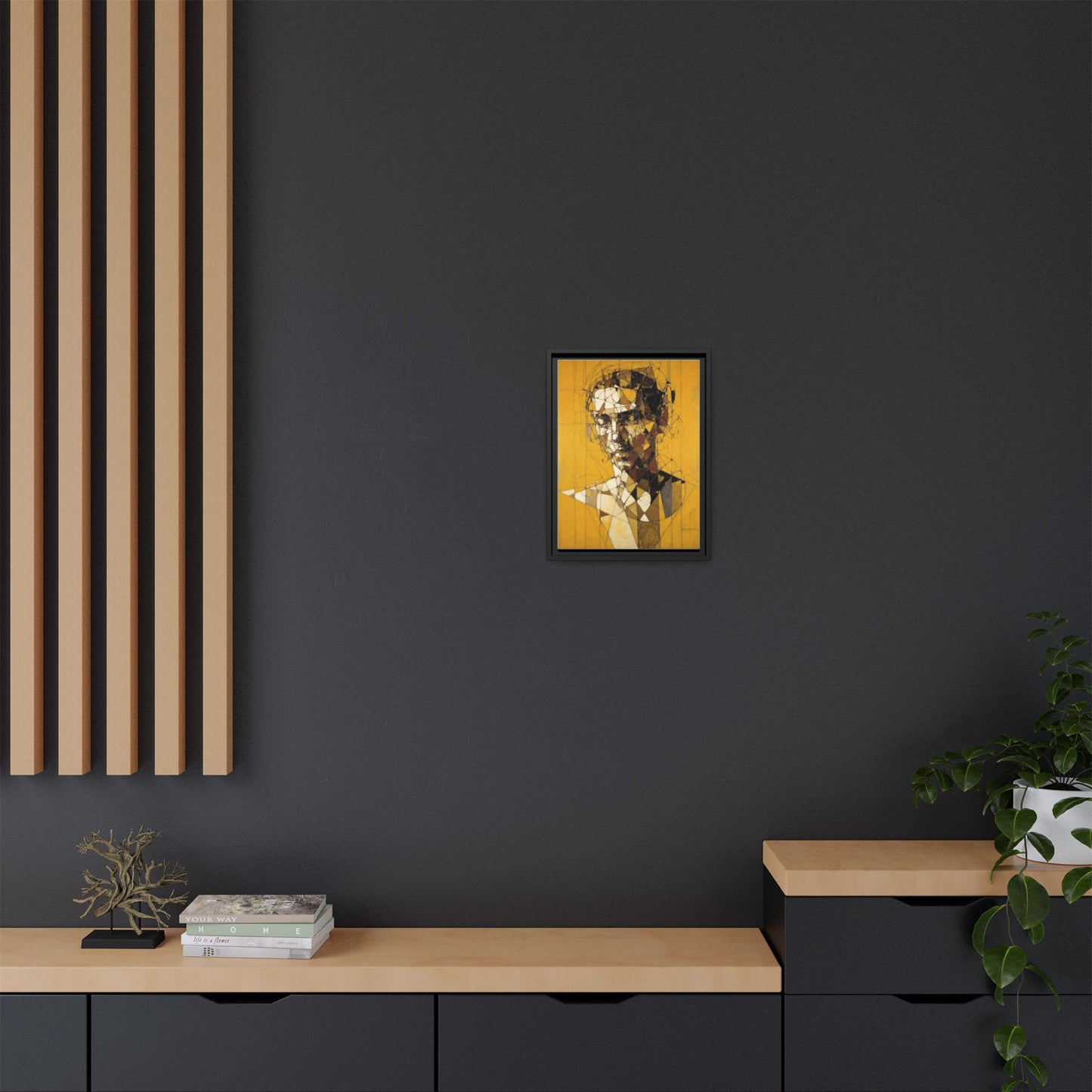 Framed Matte Canvas Art - Abstract Geometric Portrait on Mustard Yellow