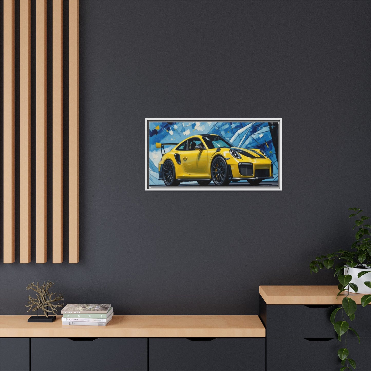Yellow Porsche Sports Car Matte Framed Canvas – Modern Automotive Wall Art