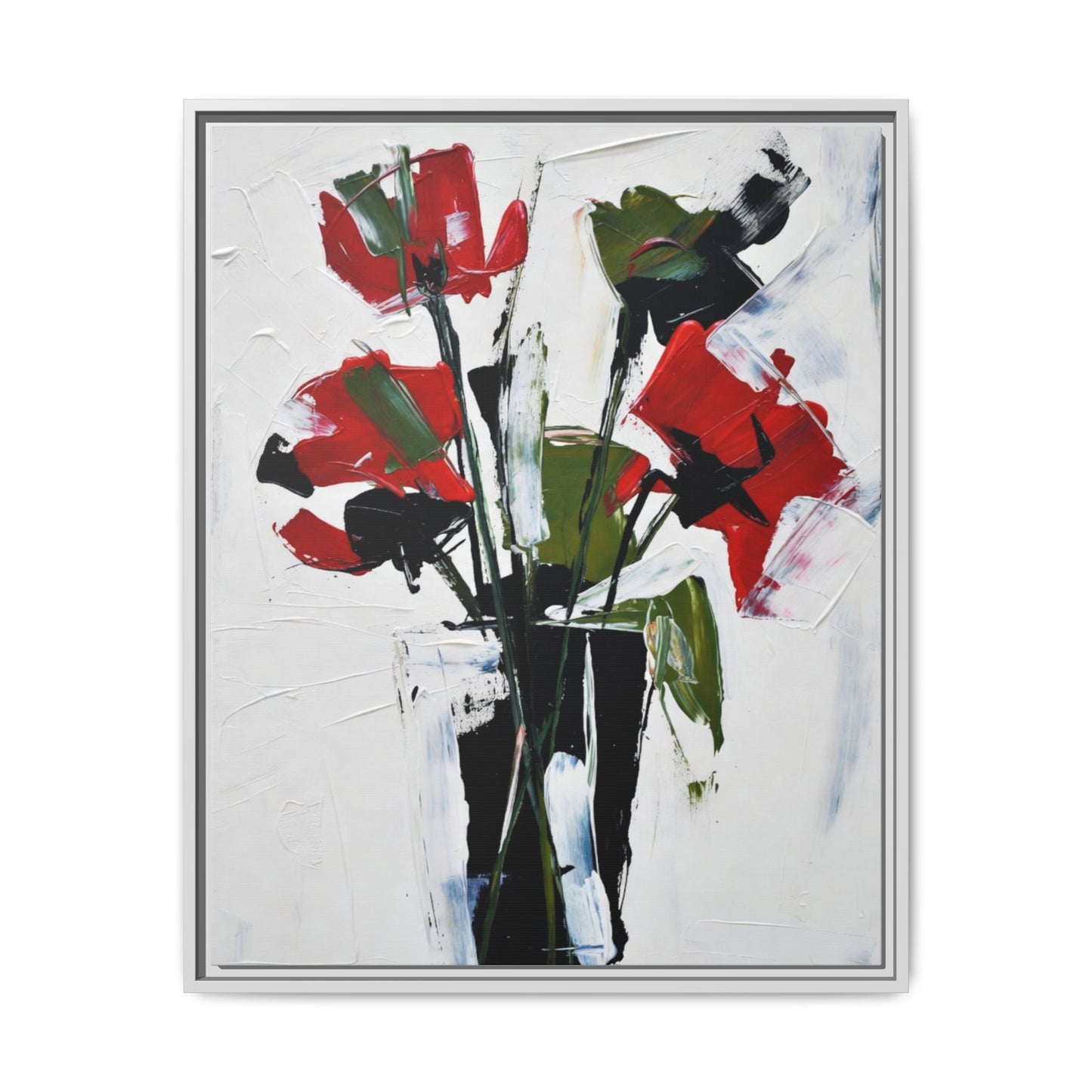 Framed Abstract Floral Canvas Print — Red Poppies in Black Vase