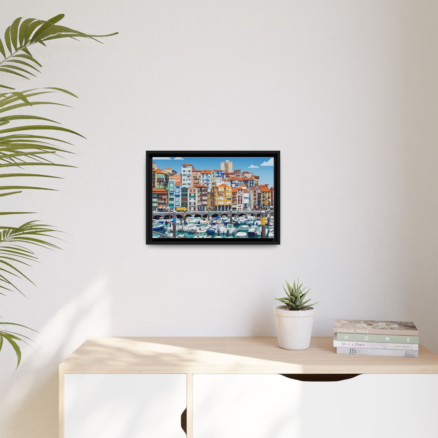 Framed Matte Canvas Print — Colorful Mediterranean Harbor Illustration