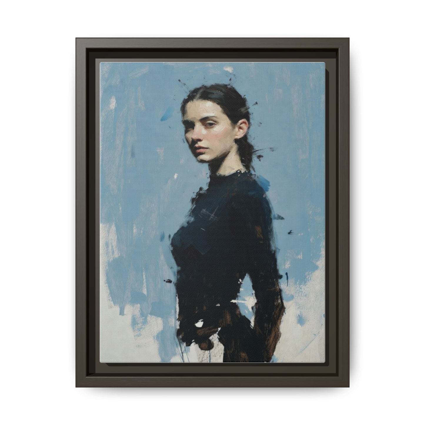 Framed Matte Canvas Portrait Print — Elegant Blue Woman Art