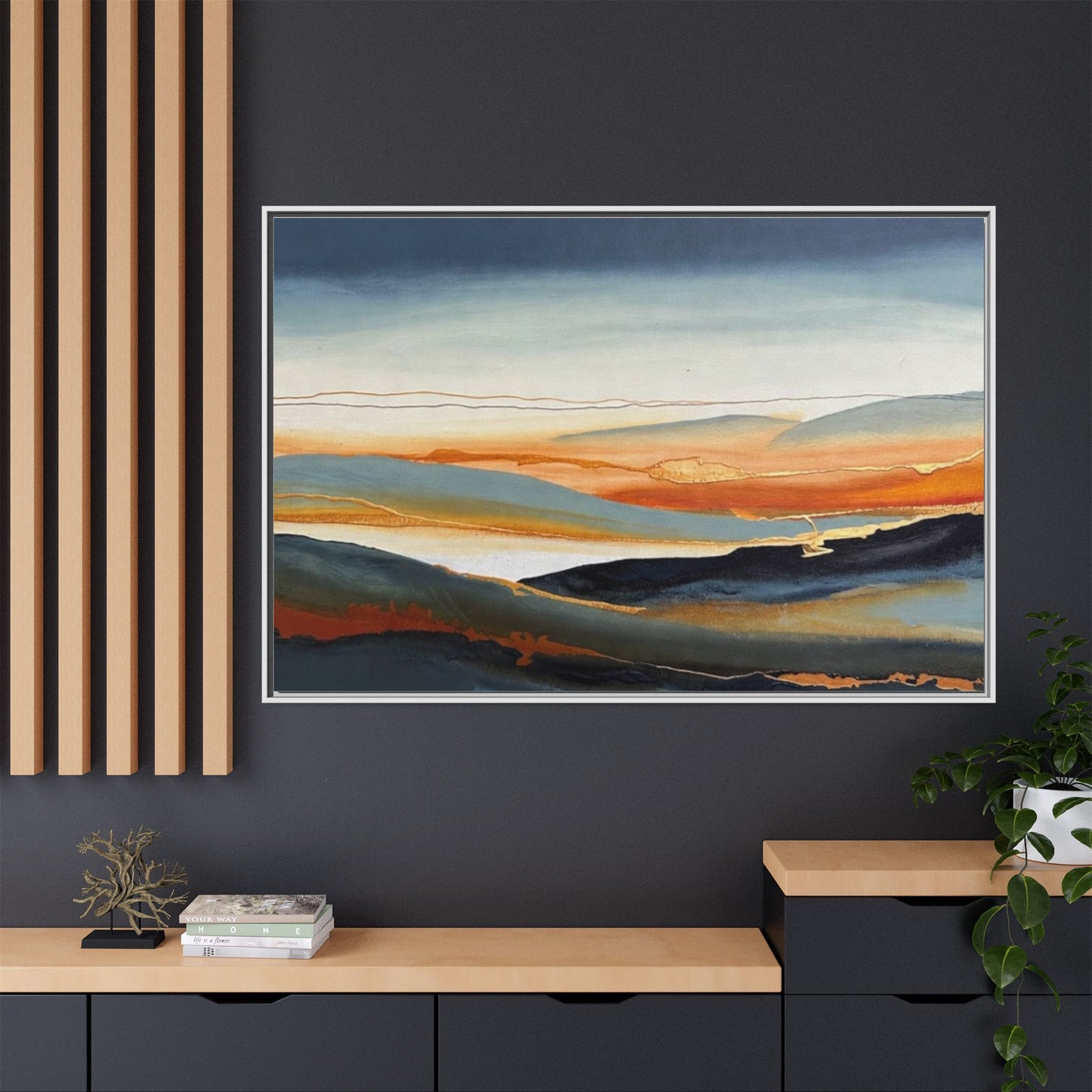 Framed Matte Canvas: Abstract Coastal Sunset Landscape Wall Art